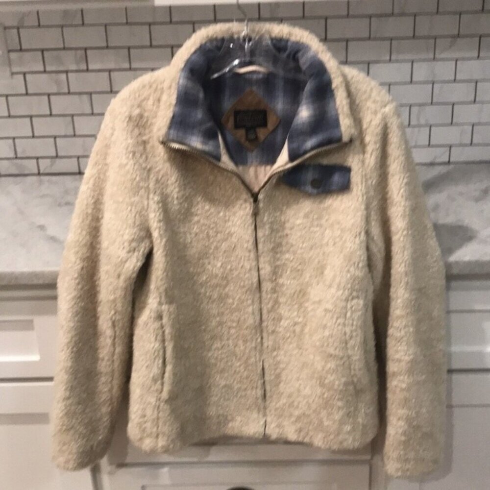 Pendleton Jacket‎ Womens Small Beige Sherpa Fleece Plaid Lined Full Zip Pocket